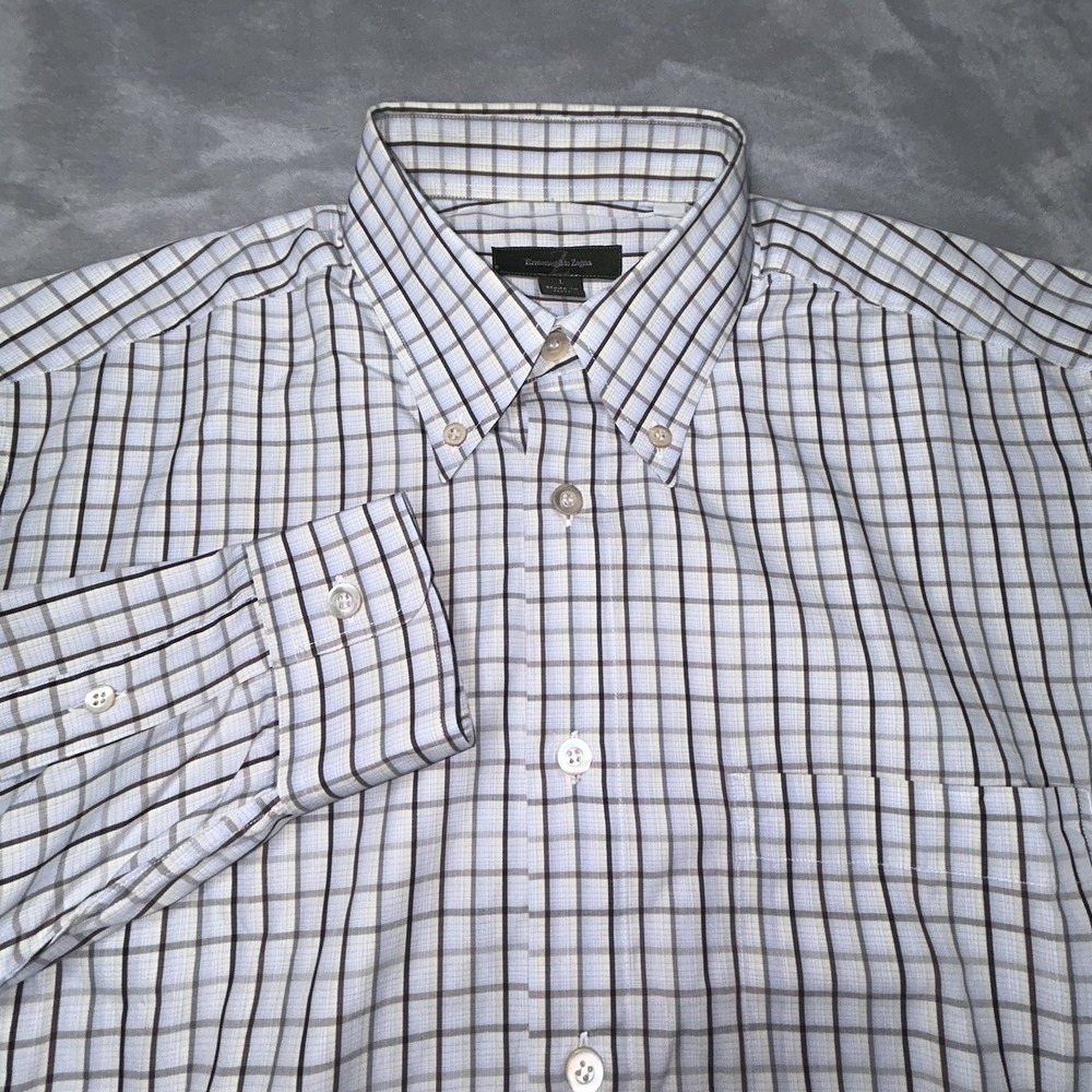 Ermenegildo Zegna Dress Shirt Mens L Gray Brown Check Made in Italy